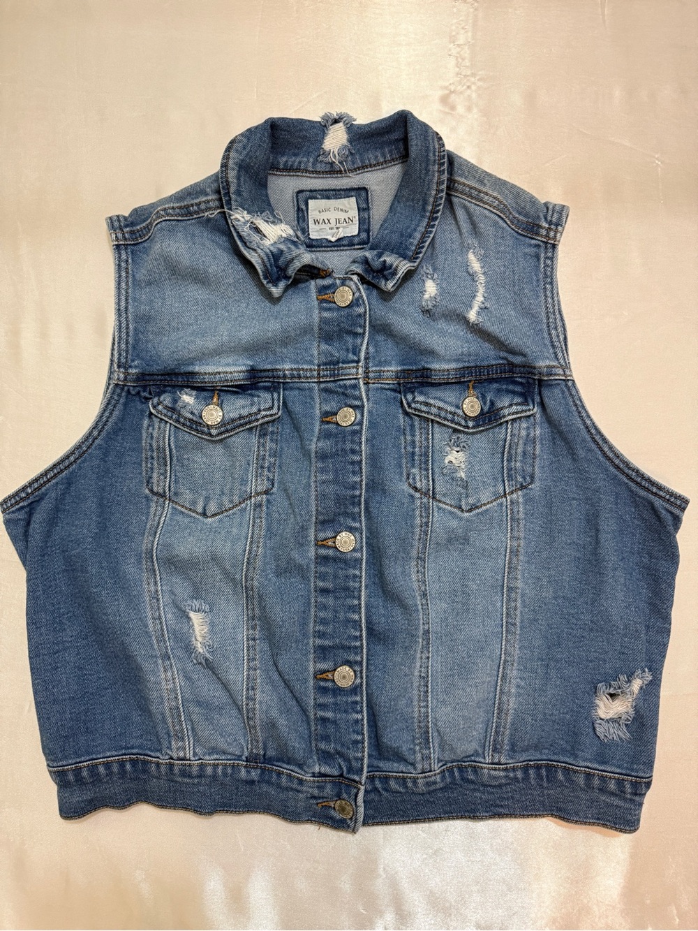 Wax Jean distressed blue denim vest size 2XL